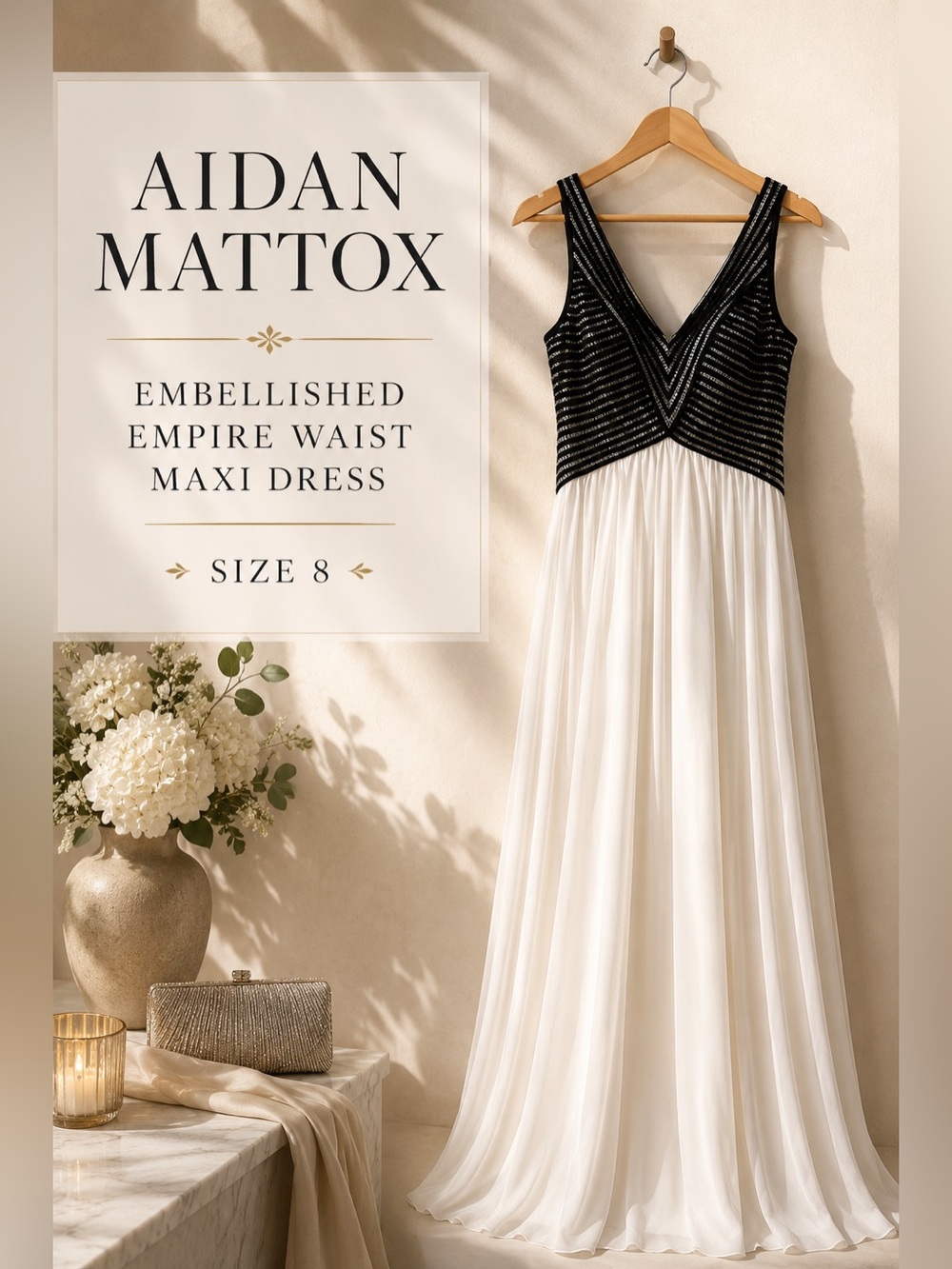 Aidan Mattox Embellished Empire Waist Maxi Dress White Black Size 8